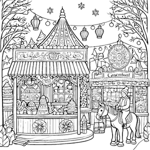 Zauberhafte Weihnachtsmarkt-Szene mit bunten Leckereien Ausmalbild für kreative Weihnachtsfreunde