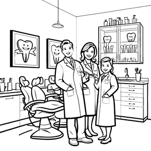 Zahnärztliches Team mit fröhlichem Lächeln Ausmalbild für kleine Gesundheitsfans
