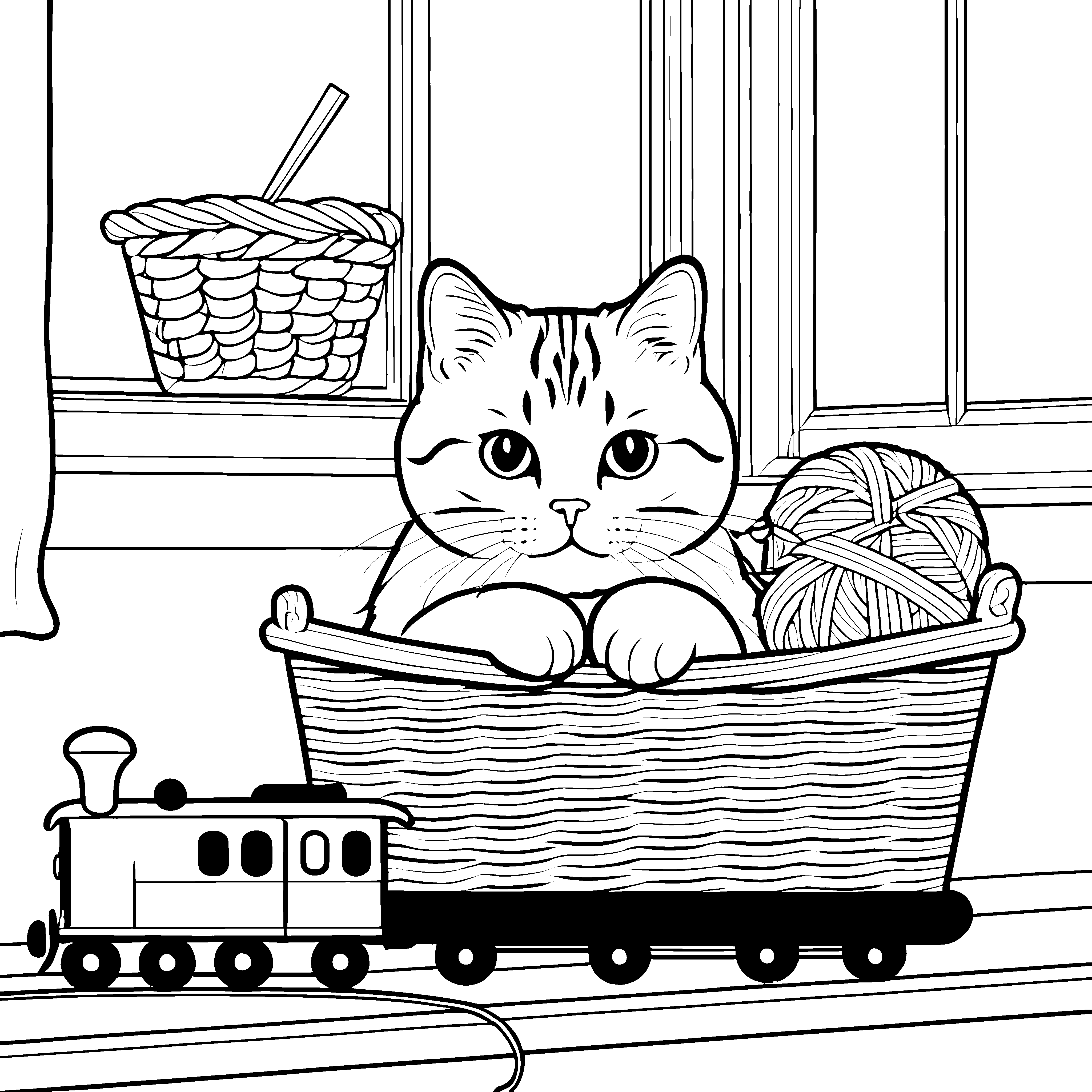 Kuschelige Britisch Kurzhaar Katze im Körbchen Ausmalbild für neugierige kleine Entdecker