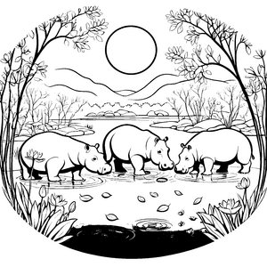Lebendige Nilpferde im spritzigen Wasser Ausmalbild für neugierige Wasserforscher