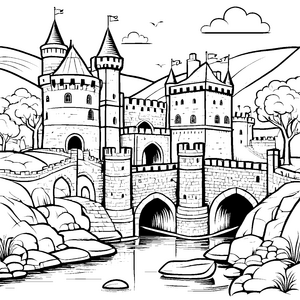 Majestätische Burg mit steinernem Brückengebäude Ausmalmotiv für neugierige Entdecker