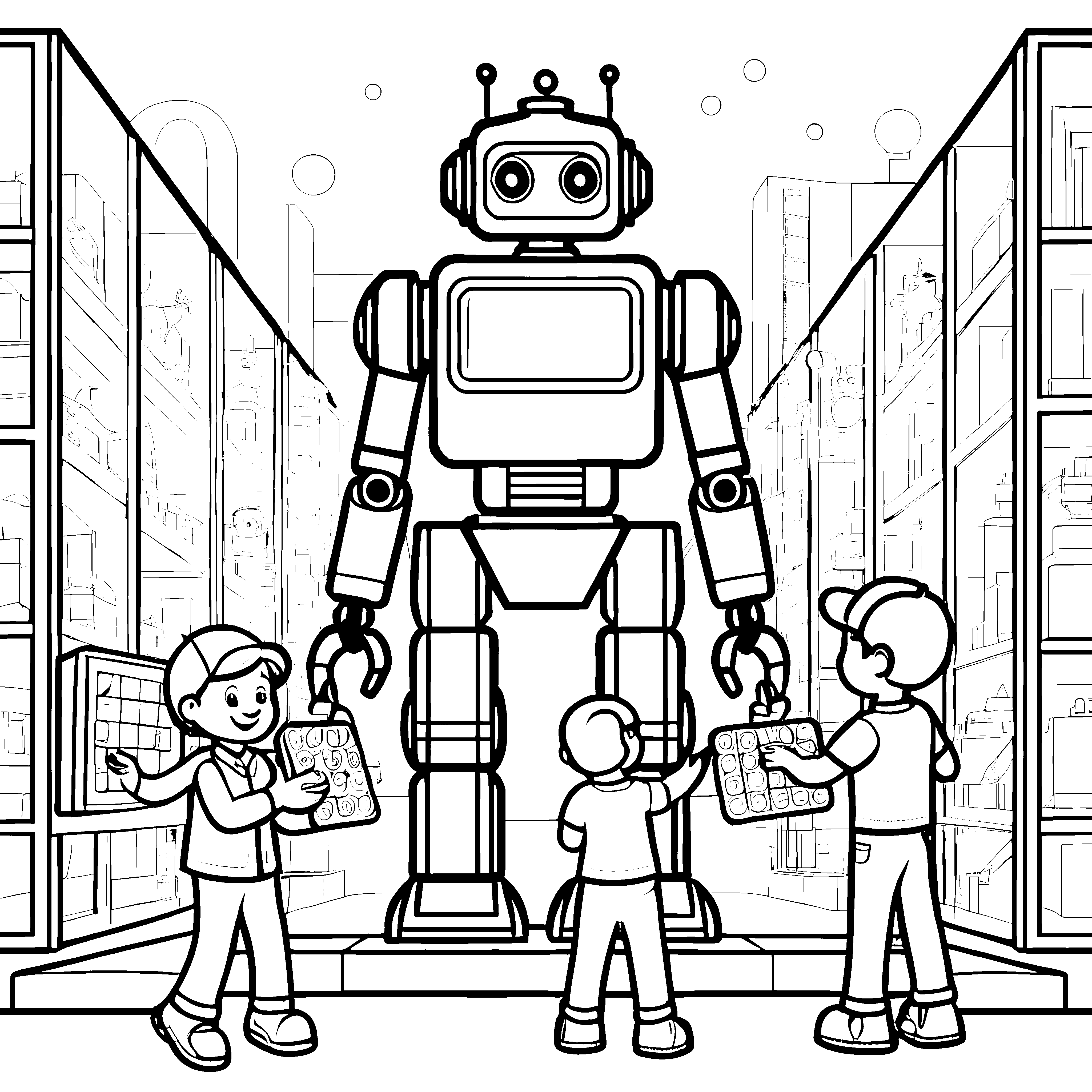 Futuristischer Roboter mit spielenden Kindern Ausmalbild für neugierige Entdecker