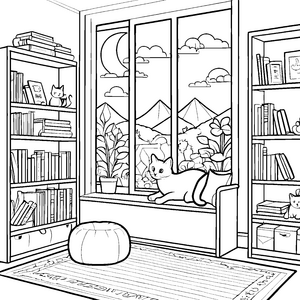 Gemütlicher Bücherschrank mit neugieriger Katze Ausmalbild für begeisterte Lesefreunde