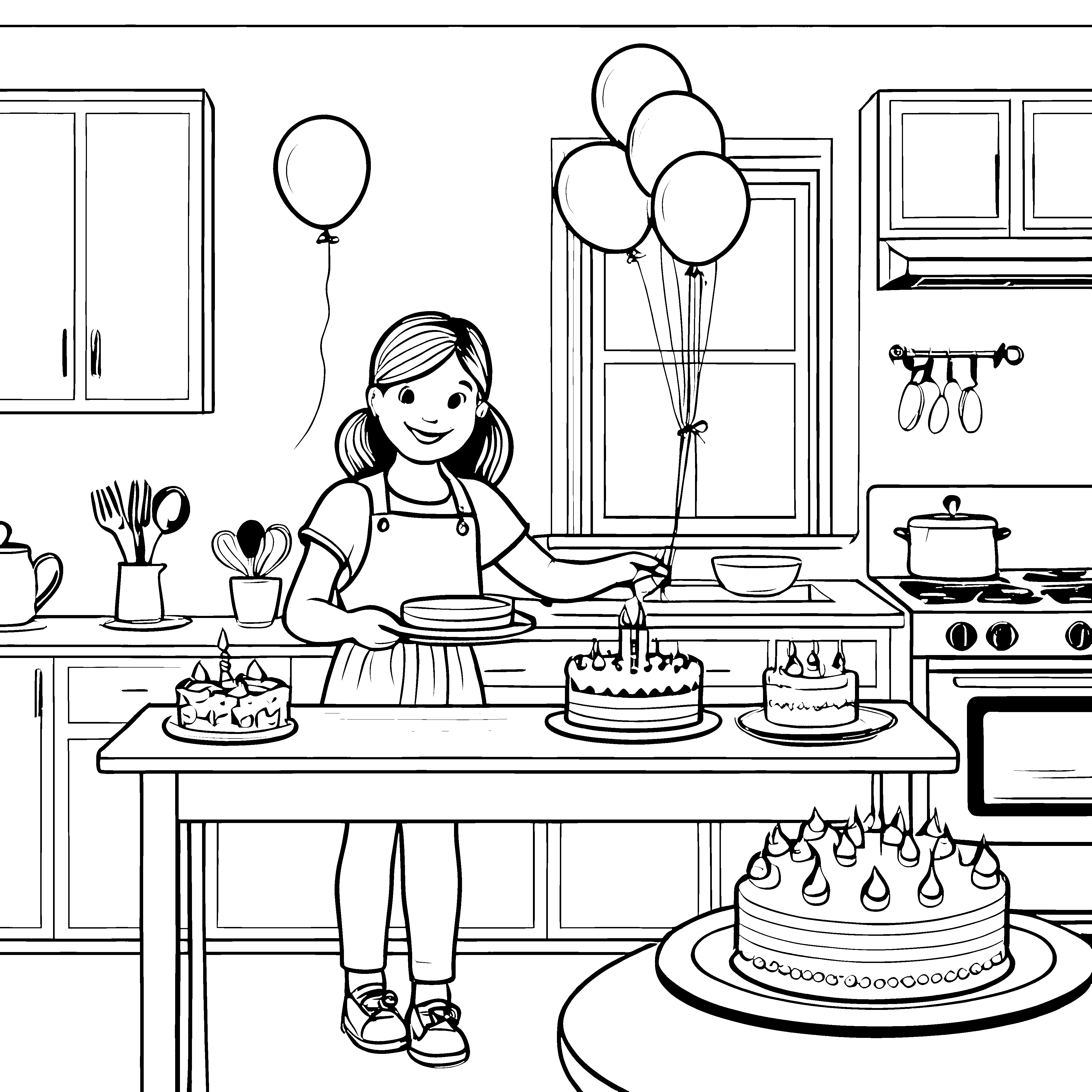 Süße Kuchenparty mit fröhlichen Luftballons Malvorlage für kleine Geburtstagszauberer