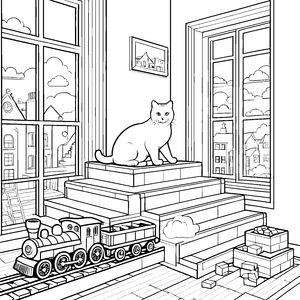 Witzige Britisch Kurzhaar Katze auf der Treppe Ausmalbild für neugierige Katzenfreunde
