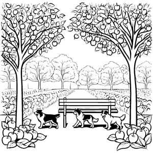 Drei spielerische Australian Shepherds im Obstgarten Ausmalvorlage für neugierige Tierfreunde
