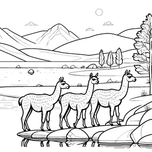 Lamas erkunden die malerische Berglandschaft Ausmalbild für neugierige Naturentdecker