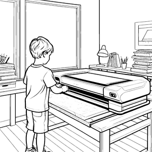 Kreativer Scanner im gemütlichen Arbeitszimmer Ausmalbild für neugierige Entdecker