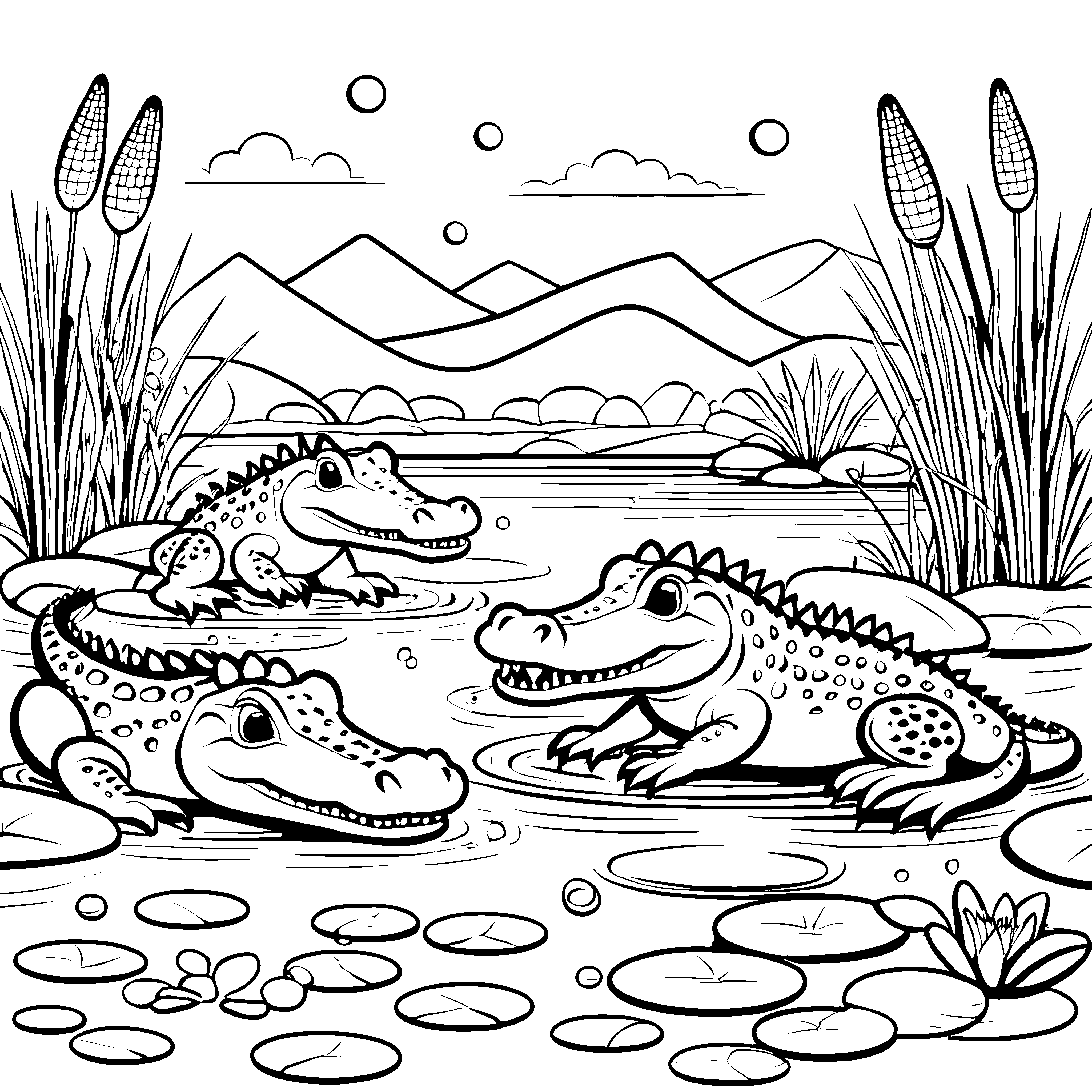 Kuschelige Krokodile im spritzigen Wasser Ausmalvorlage für kleine Wasserratten