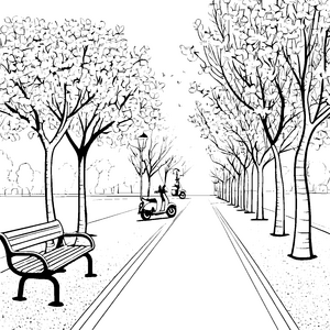 Bezaubernde Mopeds auf sonniger Promenade Ausmalvorlage für fröhliche Entdecker