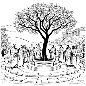 Wissensreiche Runde der Philosophen unter dem Olivenbaum Ausmalvorlage für nachdenkliche junge Köpfe