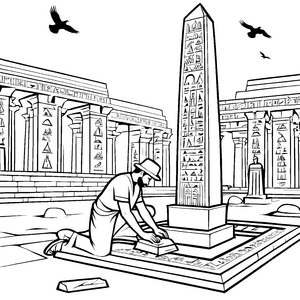 Schreibender Ägypter bei alten Obelisken Ausmalvorlage für kleine Geschichtenkreatoren