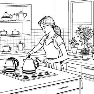 Kreativer Wasserkocher in der modernen Küche Ausmalvorlage für kleine Küchenchefs