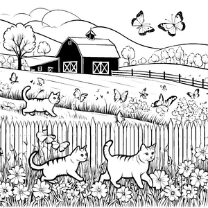 Kullernte Bauernhofkatzen im blühenden Garten Ausmalbild für fröhliche Tierliebhaber
