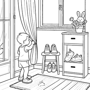 Kreativer Schuhschrank mit fröhlichen Sneakern Ausmalbild für kleine Ordnungshüter