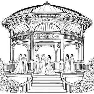Elegante Hochzeitskleider vor malerischem Pavillon Ausmalbild für träumerische Künstler