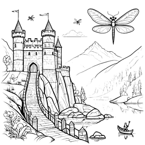 Majestätische Burg am geheimnisvollen Fluss Ausmalvorlage für kleine Abenteurer