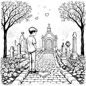 Geheimnisvoller Friedhofsbesuch mit blühenden Blumen Ausmalbild für fantasievolle Entdecker