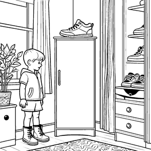 Fantasievoller Schuhschrank mit passenden Sneakers Ausmalmotiv für kleine Aufräumkünstler