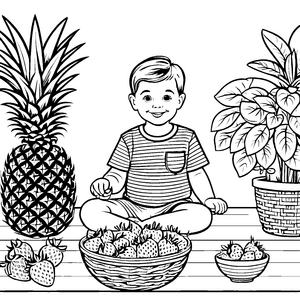 Fröhlicher Junge mitten zwischen Ananas und Erdbeeren Malvorlage für kreative Obstliebhaber