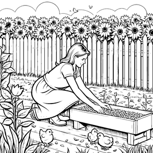 Hübsches Mädchen füttert Hühner im Garten Ausmalvorlage für wissensdurstige Naturfreunde
