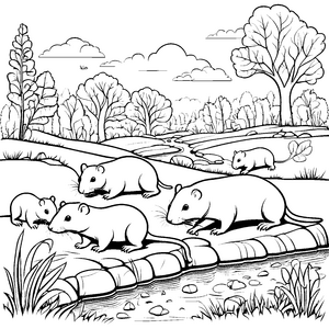 Niedliche Nacktmulle am plätschernden Bach Ausmalbild für kleine Naturfreunde