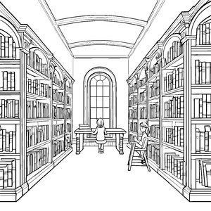 Wunderbare Bibliothek mit neugierigen Lesern Ausmalbild für wissenshungrige Kinder