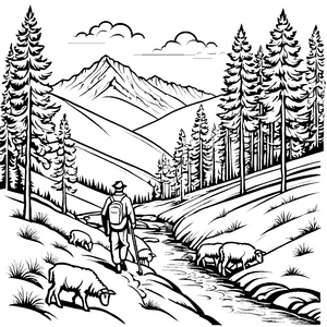 Schäfer mit wandernden Schafen im malerischen Tal Ausmalbild für abenteuerliche Naturentdecker
