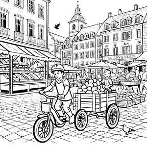 Fröhliches Dreirad mit buntem Obsttransporter Ausmalvorlage für kleine Märchenfahrer