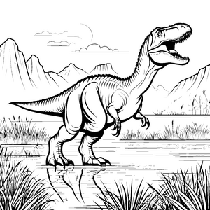 Furchtloser Tyrannosaurus Rex beim Wasserlauf Ausmalvorlage für spannende Entdecker