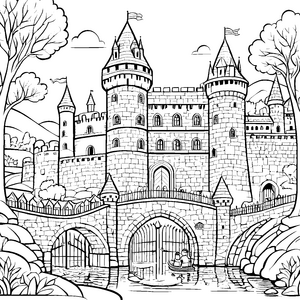 Imposante Burg am glitzernden Wasser Malvorlage für kreative Schatzsucher