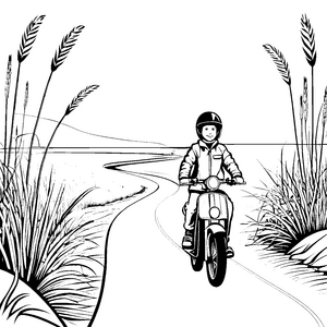 Flinkes Moped mit fröhlichem Fahrer auf abenteuerlichem Weg Ausmalvorlage für junge Entdecker
