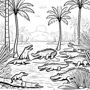 Dynamische Krokodile am sonnigen Wasserufer Ausmalvorlage für abenteuerlustige kleine Entdecker