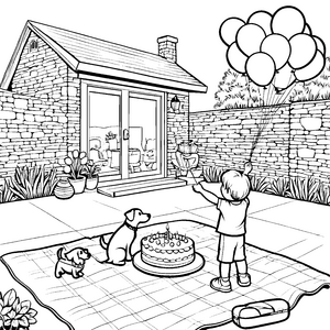 Bunte Luftballons mit fröhlichem Hund im Garten Ausmalmotiv für feierlustige Entdecker
