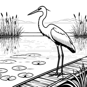 Eleganter Reiher am ruhigen Wasser Malvorlage für kleine Naturforscher