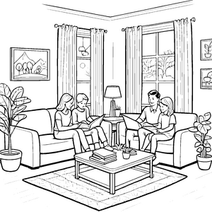 Begeisternde Familienzeit um den Couchtisch Ausmalbild für kreative Entdecker