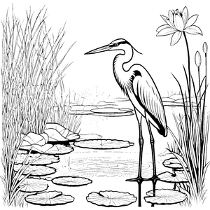 Eleganter Reiher im sanften Teich Malvorlage für junge Wassergärtner