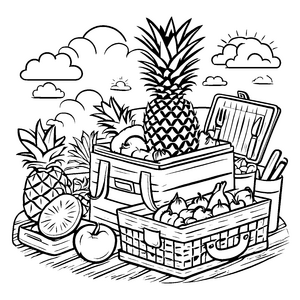 Fröhliche Ananas mit buntem Obstkorb Ausmalvorlage für kleine Feinschmecker