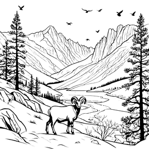 Furchtloser Widder in majestätischer Berglandschaft Ausmalbild für mutige Naturfreunde