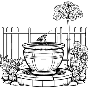 Fröhliche Grille am bunten Gartenbrunnen Ausmalmotiv für kleine Naturfreunde