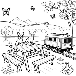 Zwei neugierige Chihuahuas am bunten Picknicktisch Ausmalmotiv für kleine Abenteurer