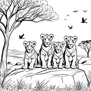 Verspielte Löwenbabys auf sonnigem Felsen Ausmalvorlage für kleine Tierfreunde
