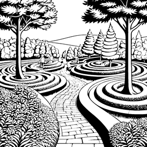 Kreatives Labyrinth aus Hecken mit bunten Wegen Ausmalbild für kleine Gartenkünstler