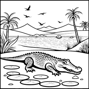 Abenteuerliches Krokodil am glitzernden Wasser Ausmalbild für neugierige Entdecker