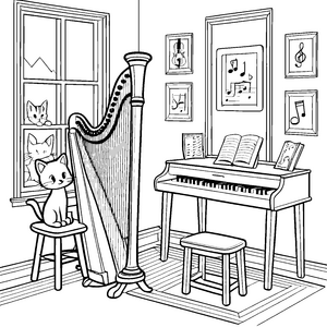 Süße Katze neben faszinierender Harfe Malvorlage für musikalische Entdecker