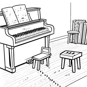 Fröhliches Klavier mit Notenblättern Ausmalvorlage für kleine Musikhelden