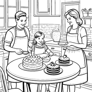 Kreative Familienbäckerei mit leckeren Kuchen Ausmalvorlage für junge Meisterköche