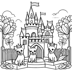 Drei königliche Chihuahuas vor der Märchenburg Ausmalmotiv für fantasievolle Künstler