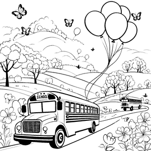 Fantasievoller Schulbus auf malerischer Fahrt Ausmalmotiv für neugierige Entdecker