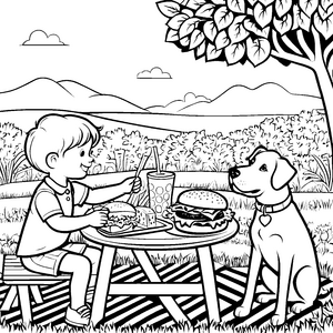 Lustiges Hamburger-Picknick mit treuem Freund Ausmalvorlage für abenteuerliche Entdecker
